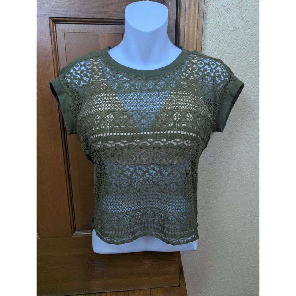 Olive Green Open Knit Crochet Lace Button Back Top Size XS